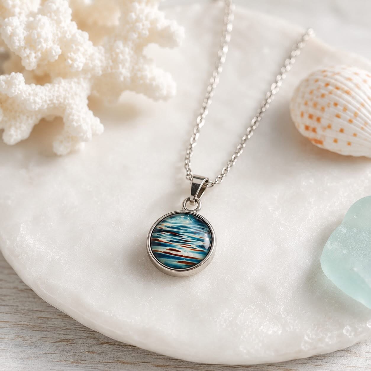 Pendant necklace with a circular, blue, and white striped design on a white surface with coral and shells nearby.