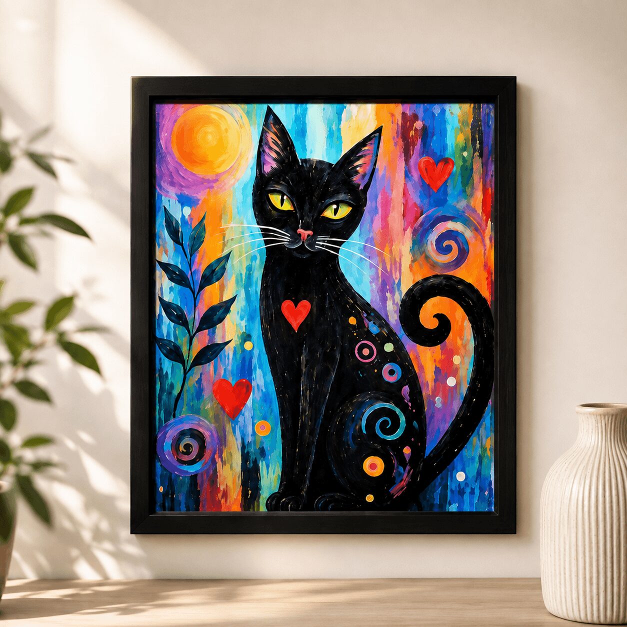 Colorful painting of a black cat with yellow eyes, surrounded by hearts, swirls, and abstract background, framed on wall.