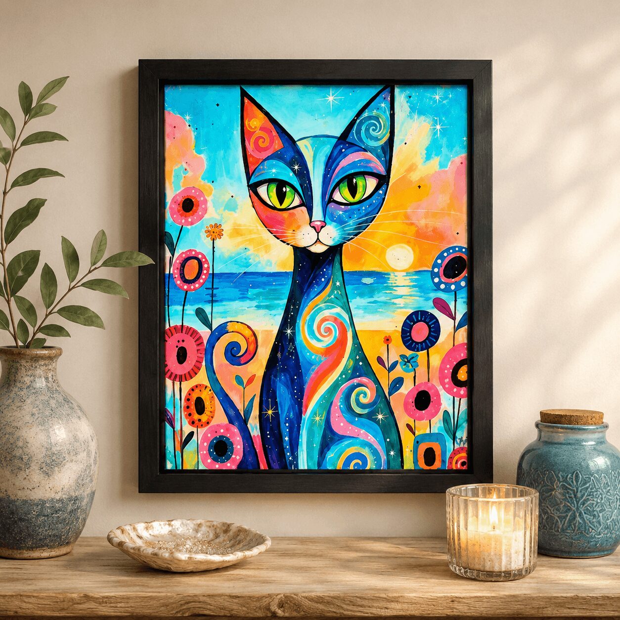 Colorful abstract painting of a cat with large green eyes, surrounded by vibrant flowers and a sunset background.