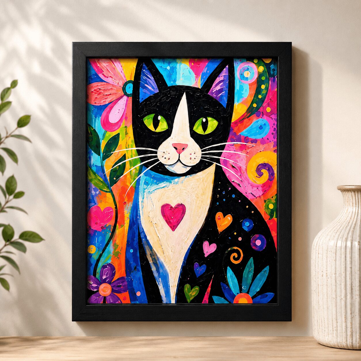 Colorful painting of a black and white cat with green eyes surrounded by flowers and abstract shapes.