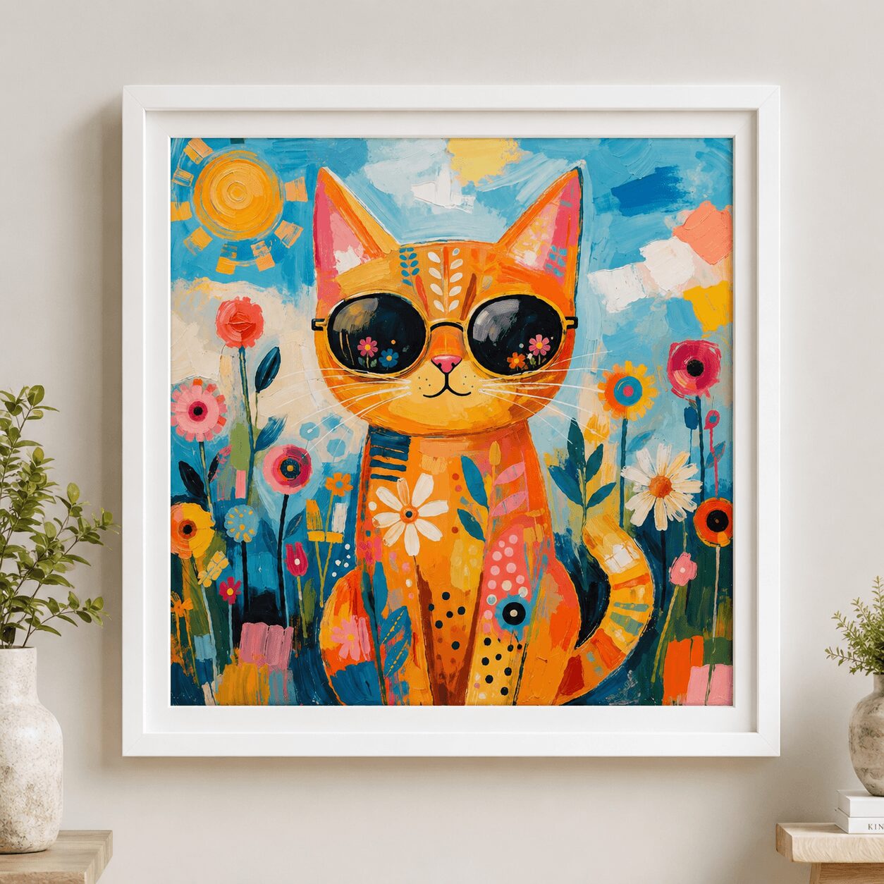 Colorful painting of a cat with sunglasses among flowers and a bright sky, in a white frame on a wall.