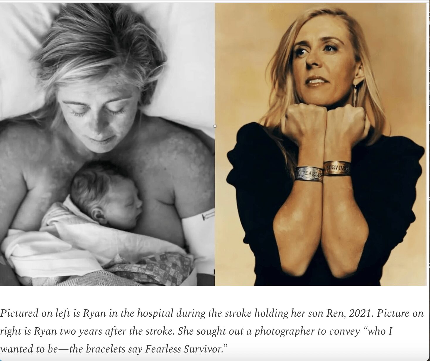 Black and white photo of a woman holding a newborn in hospital, and a color photo of a woman with blonde hair and jewelry.