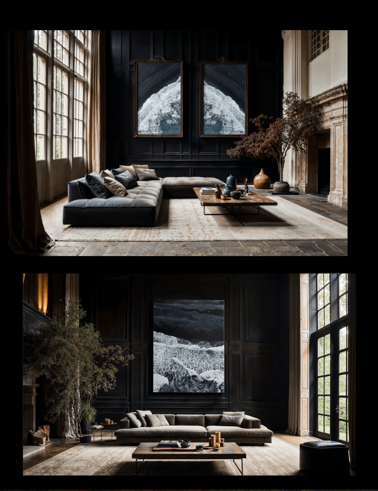 Living room with large windows, a sofa, a coffee table, and a fireplace, featuring a view of Earth from space on the wall.