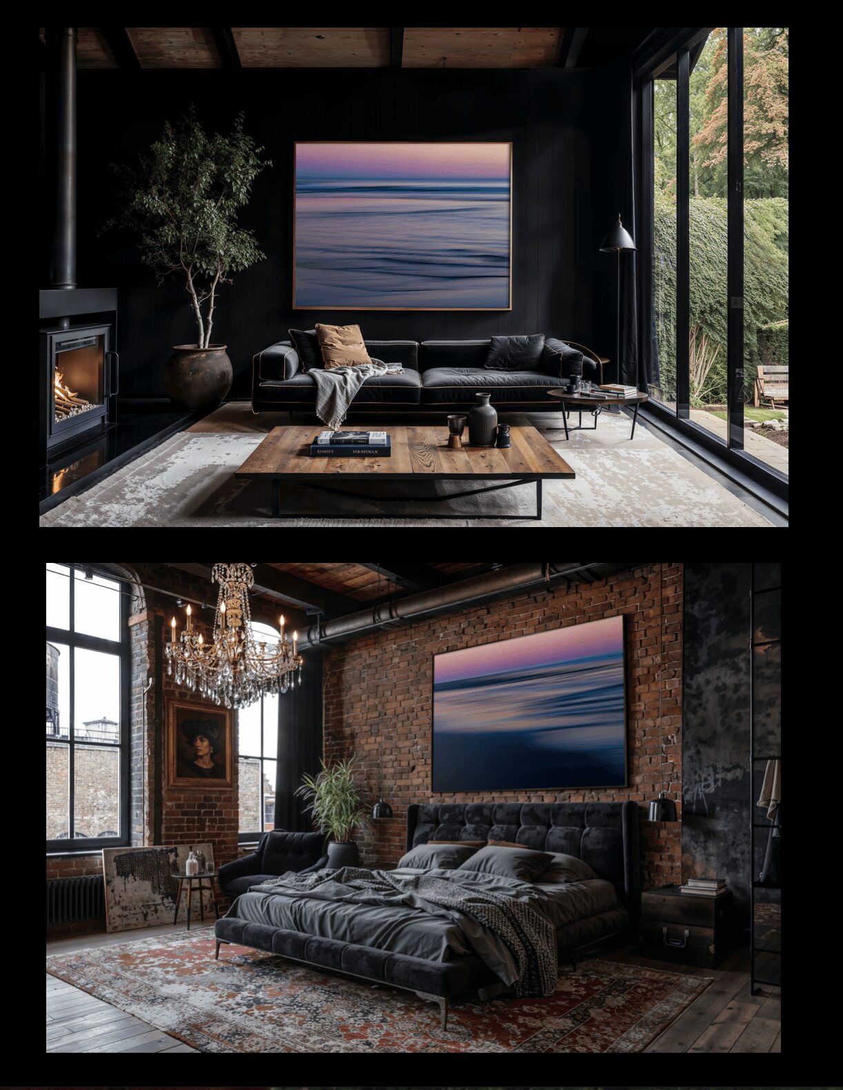 Living room with large wall-mounted screen, black sofa, and modern decor, with a fireplace and large windows.