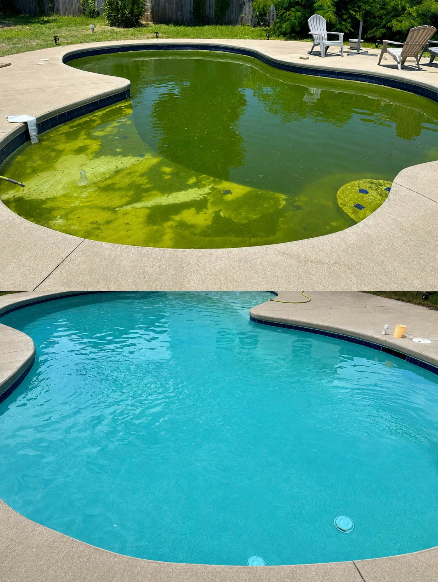 Two swimming pools outdoors, one with green algae and the other clean, surrounded by concrete and outdoor furniture.