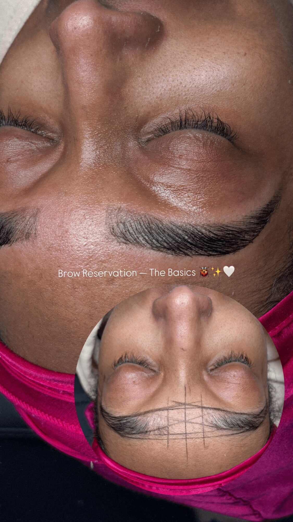 Close-up of a person's face with eyes closed, showing eyebrows and skin texture, with a smaller inset of a grid on the forehead.