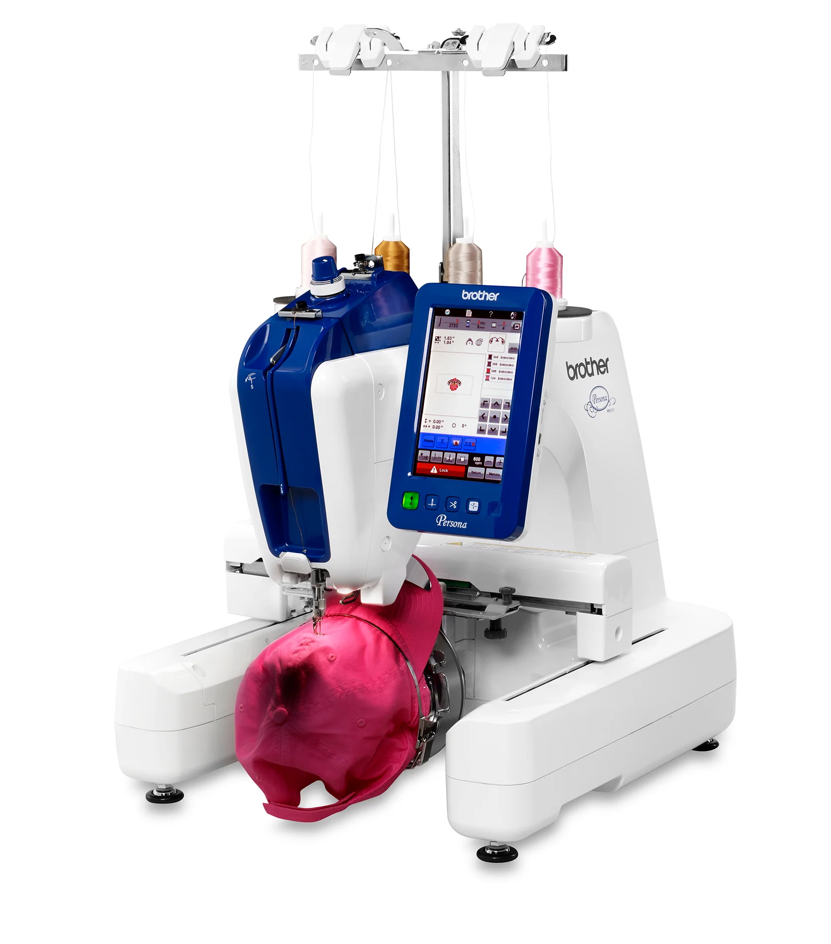 Sewing machine with a pink fabric piece, digital screen, and various sewing components, viewed from the side.