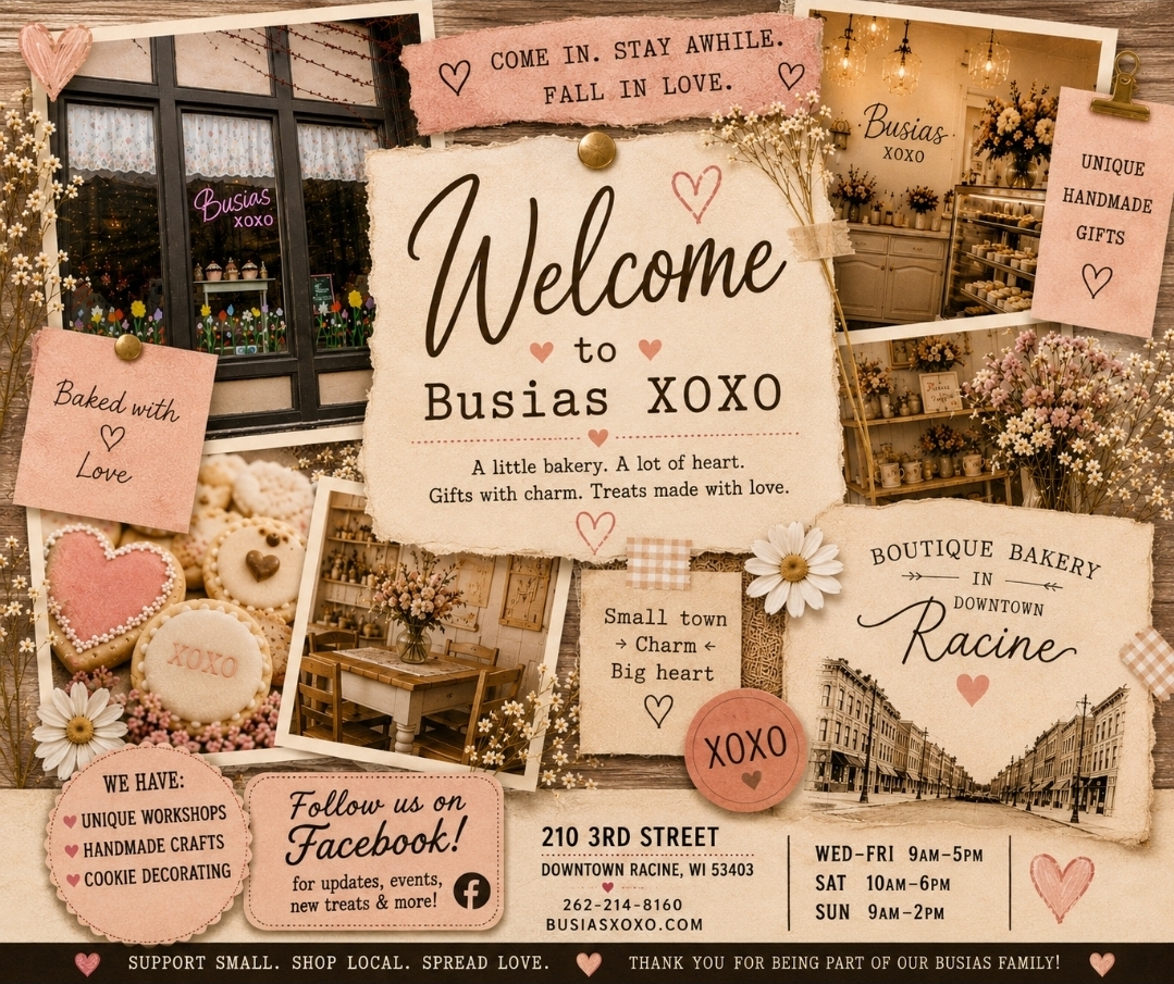 Collage of bakery-themed photos and signs, including a welcome sign, baked goods, and shop interior, with pink and beige accents.