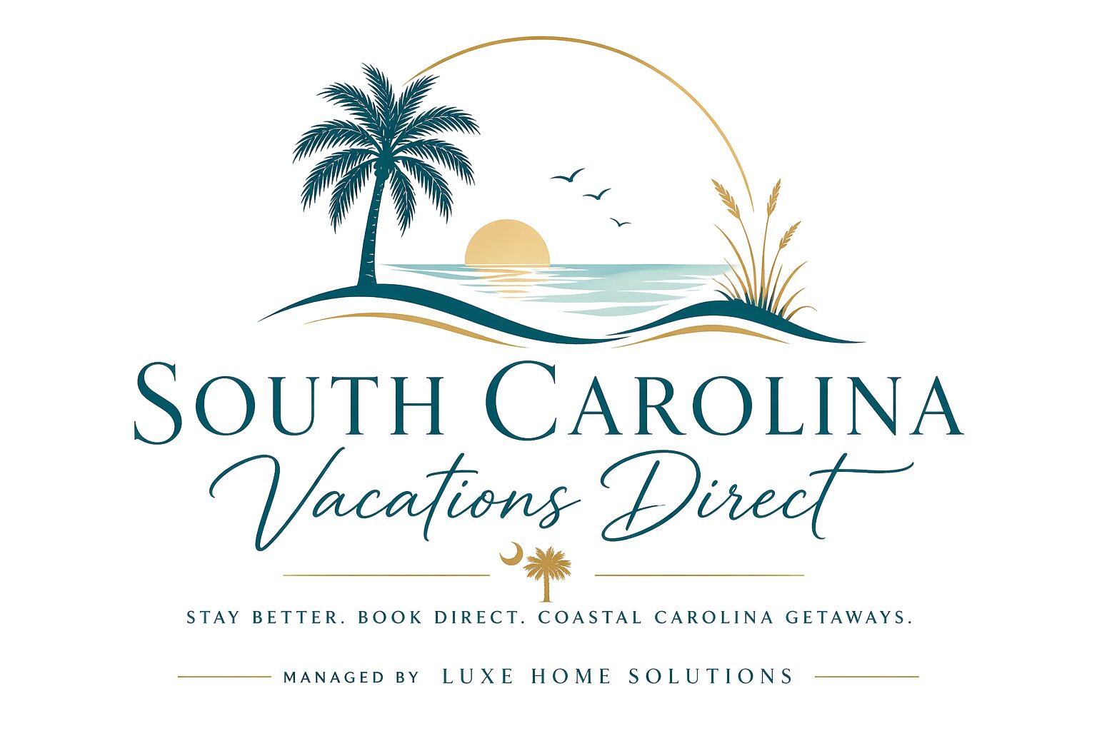 Logo with a palm tree, sun, ocean waves, and birds, featuring text for South Carolina Vacations Direct and Luxe Home Solutions.