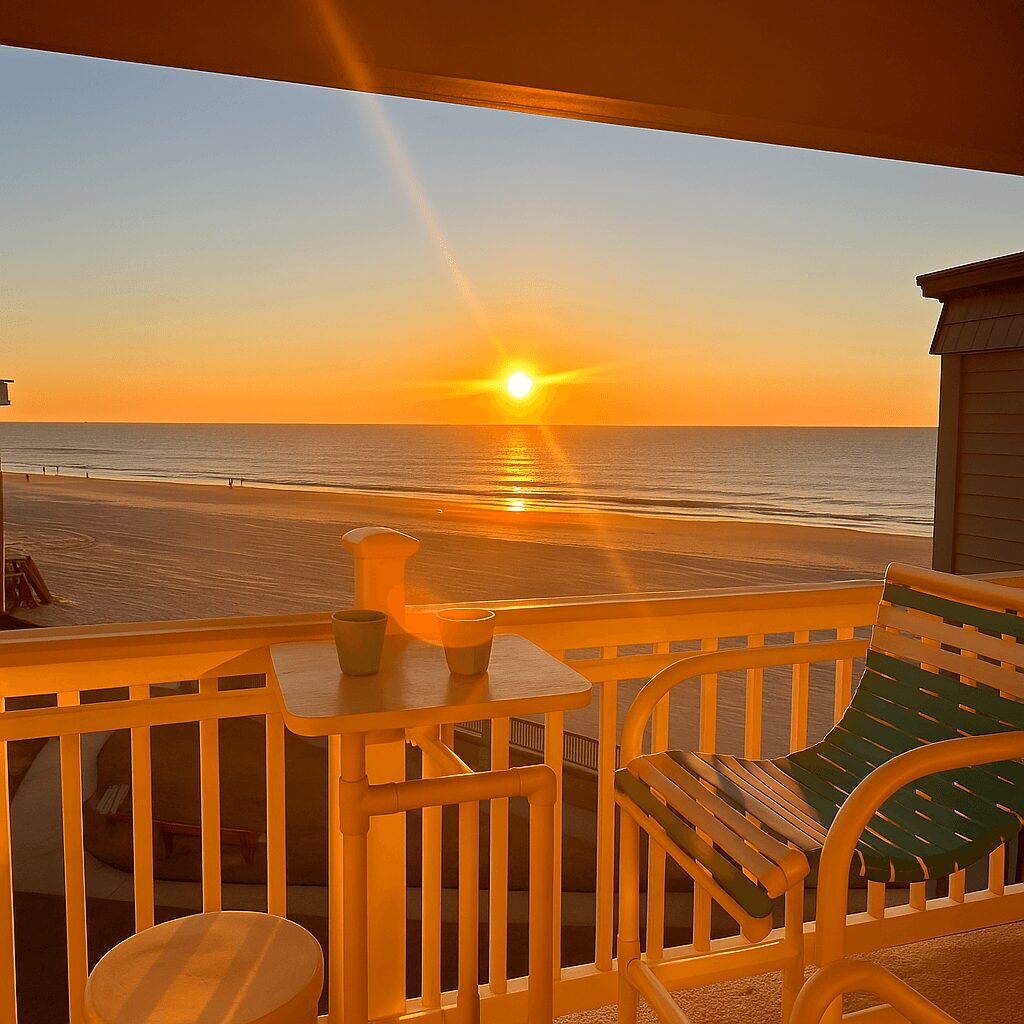 Sunset over the ocean viewed from a balcony with a table, cups, and a chair with a cushion.
