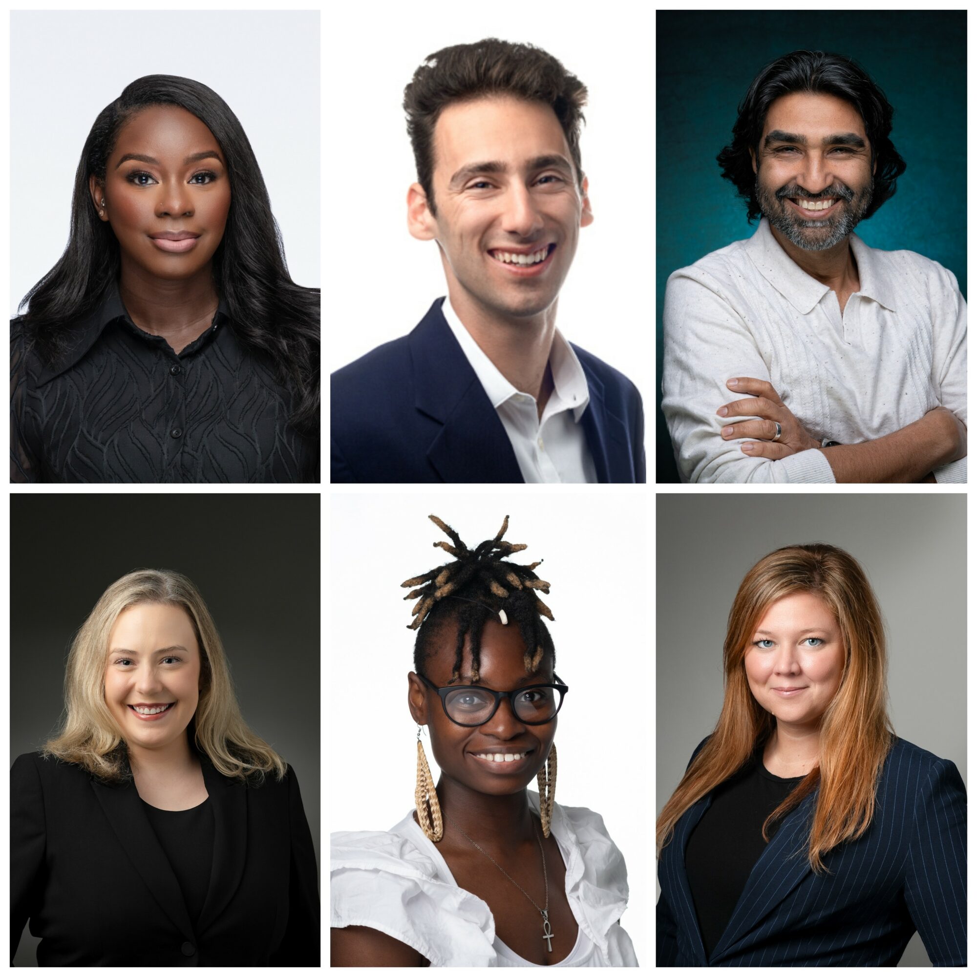 Six diverse professional headshots of men and women, smiling, in formal attire, against plain backgrounds.