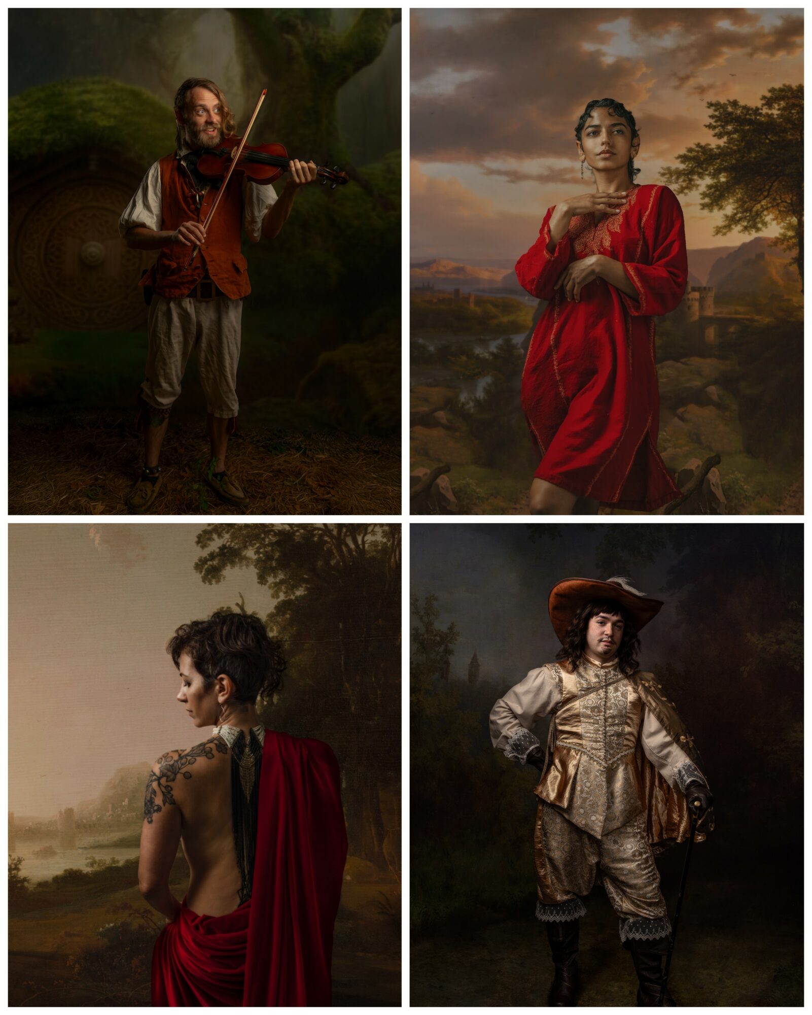 Four people in historical costumes outdoors, two with musical instruments, one in a red dress, one in a costume with a hat and cane.