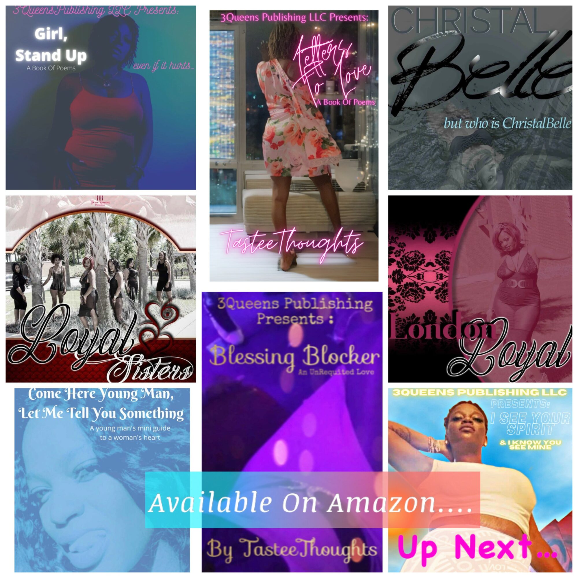 Collage of eight book covers with titles and authors, featuring women, girls, and romantic themes, in various colors and styles.