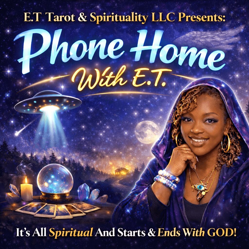 A woman with curly hair wearing a purple hoodie, smiling, with a cosmic background including a UFO, stars, and a crystal ball.