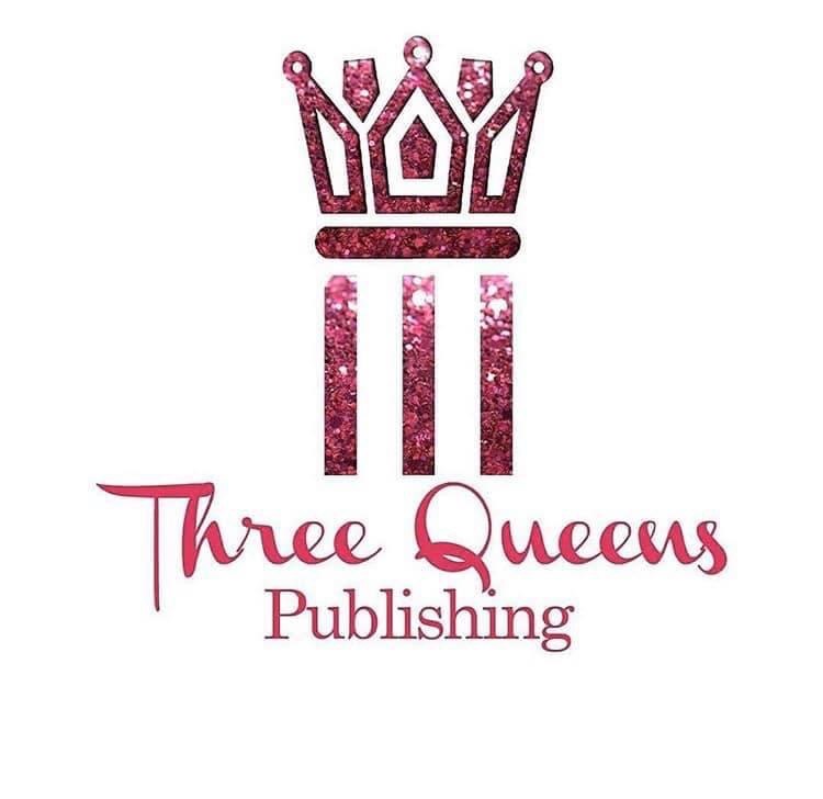 A pink glittery crown above the words 'Three Queens Publishing' on a white background.