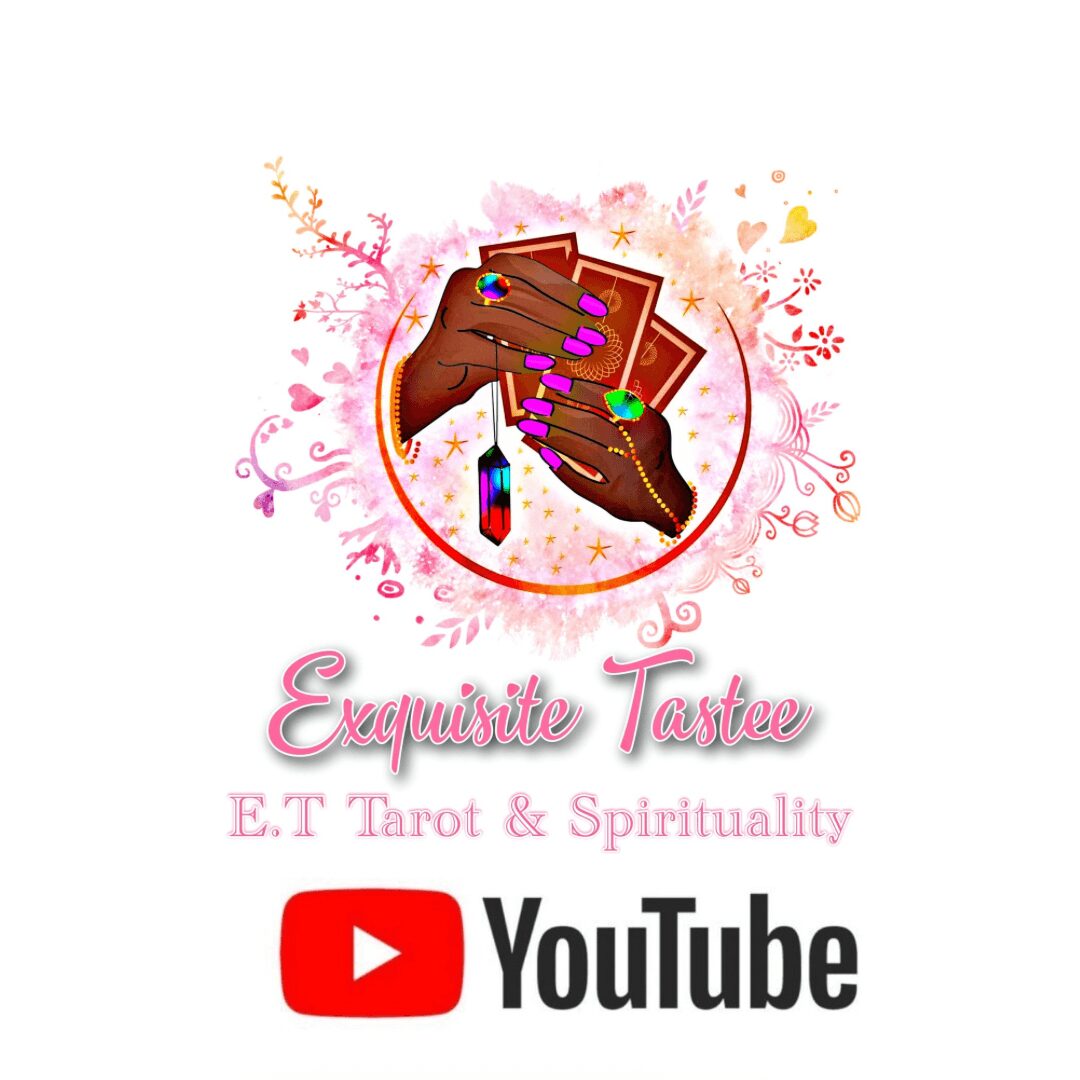 Two hands with painted nails hold tarot cards, surrounded by pink decorative elements, with text and YouTube logo below.
