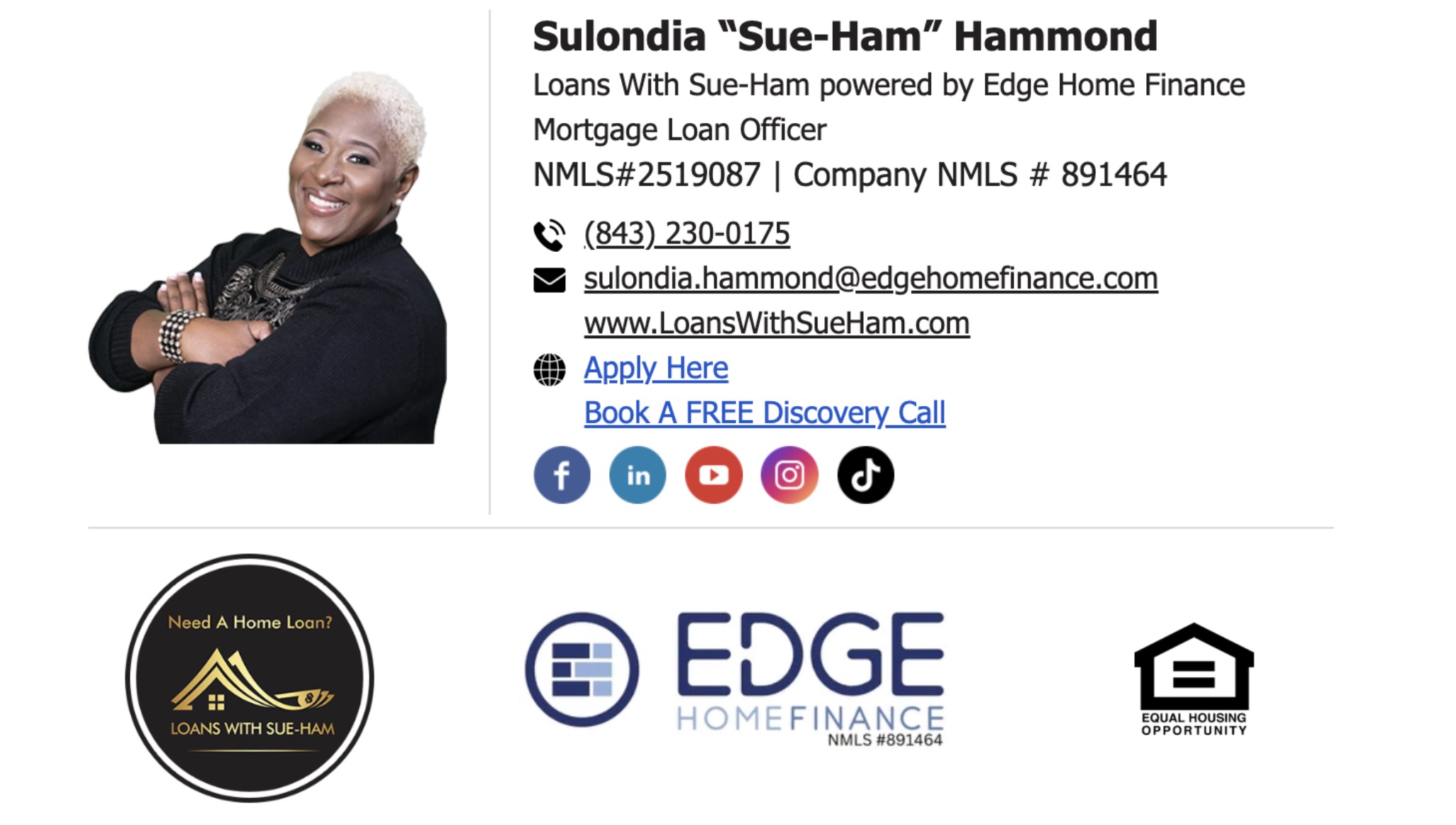 Business card for Sulondia 'Sue-Ham' Hammond with contact details, logos, and social media icons.