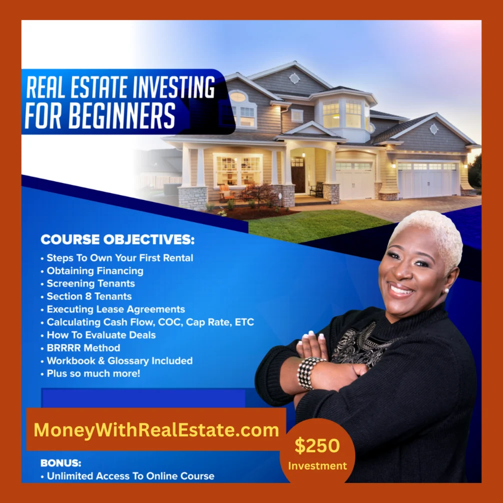 Promotional flyer for real estate investing course featuring a smiling woman in front of a house, course objectives, and website. Word count: 20.