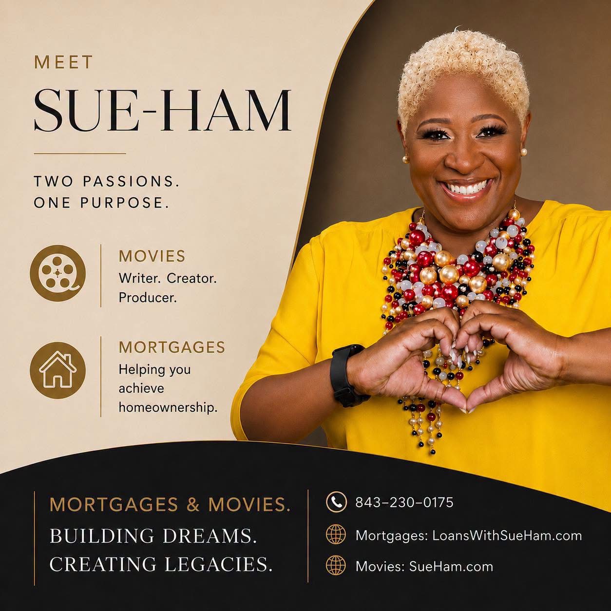 Smiling woman with short blonde hair wearing a yellow top and colorful necklace, making a heart shape with her hands.