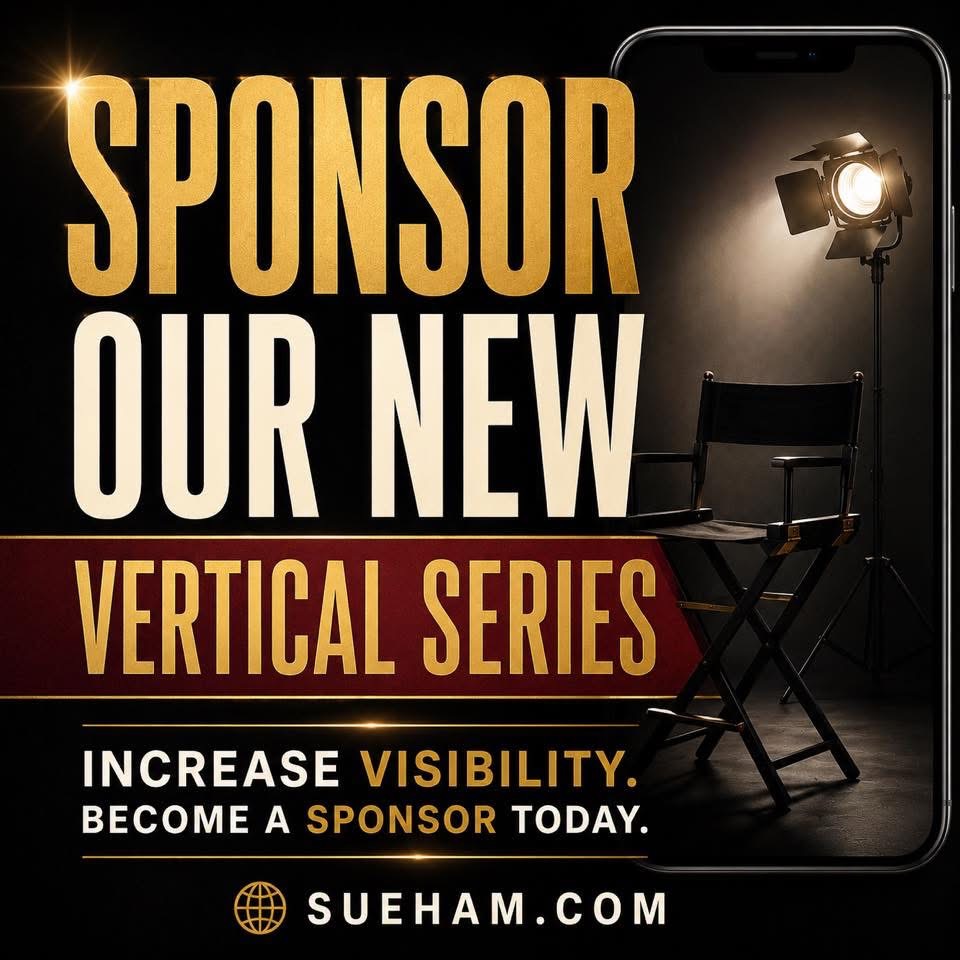 Advertisement with text about sponsoring a new vertical series, featuring a film director's chair and a spotlight, with a phone frame. Word count: 20.