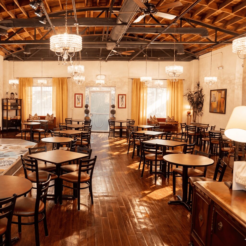 Elegant dining area with wooden tables and chairs, chandeliers, large windows with curtains, and artwork on walls.