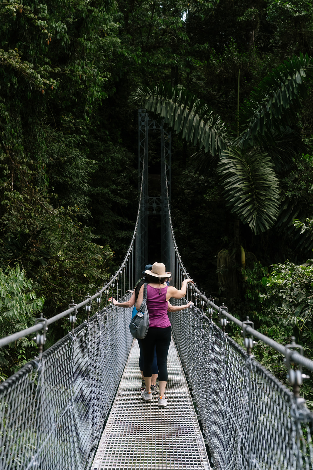 Person wearing a pink top, black pants, and a hat walking on a suspension bridge surrounded by dense green foliage.