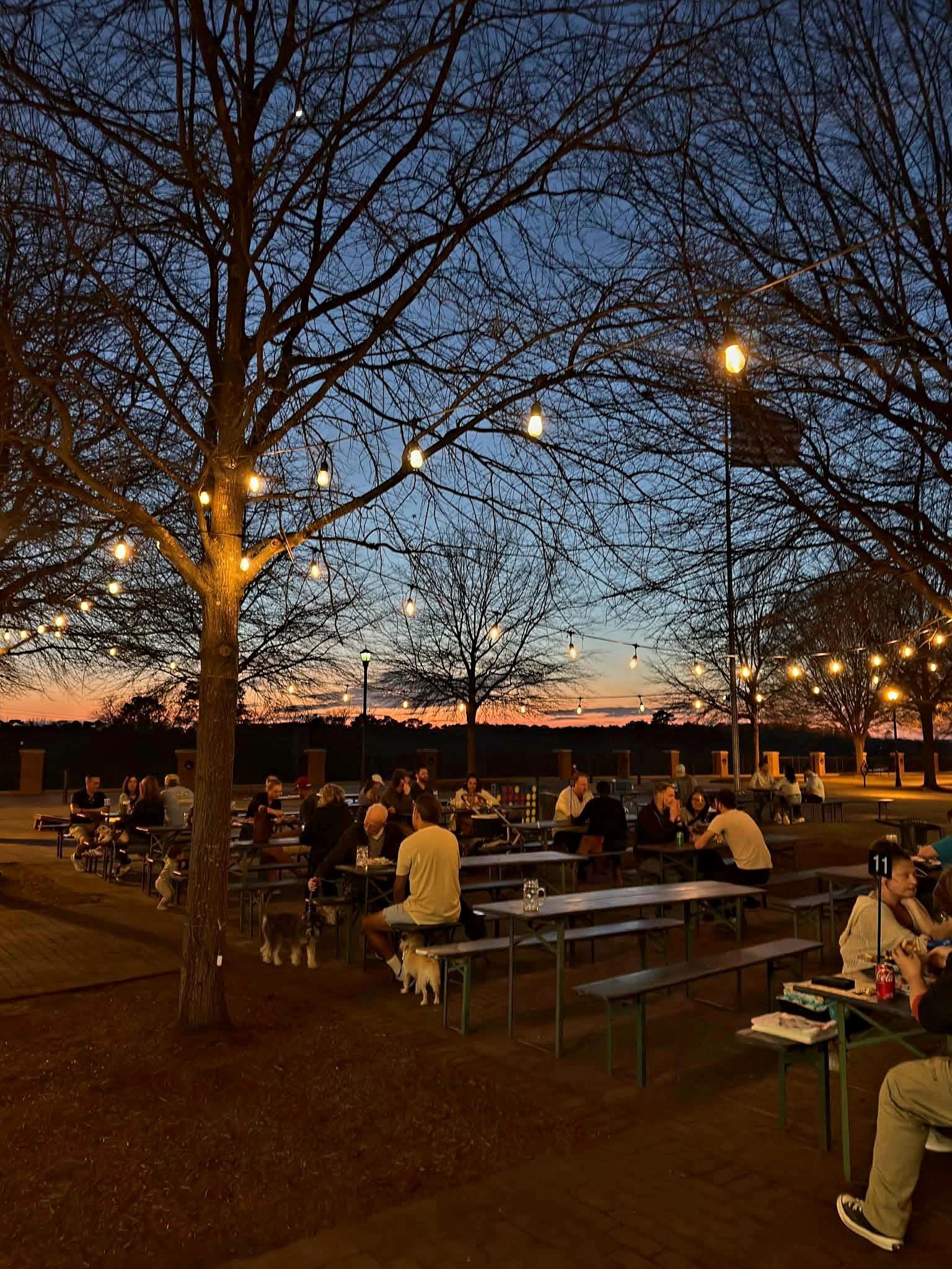 People sitting at tables outdoors during evening with string lights and trees, sky darkening, and city lights in background.