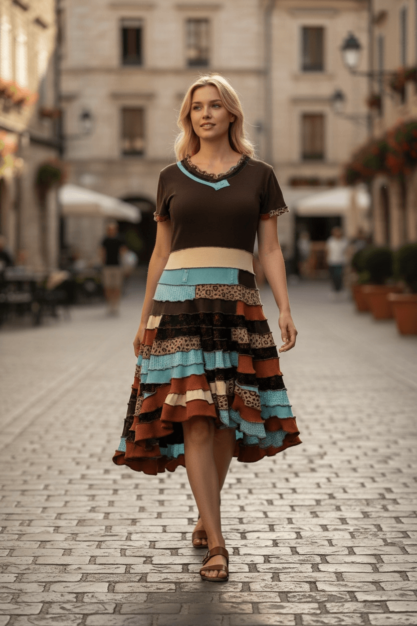 Woman walking on cobblestone street in city, wearing a colorful tiered skirt and dark top, with buildings in background.