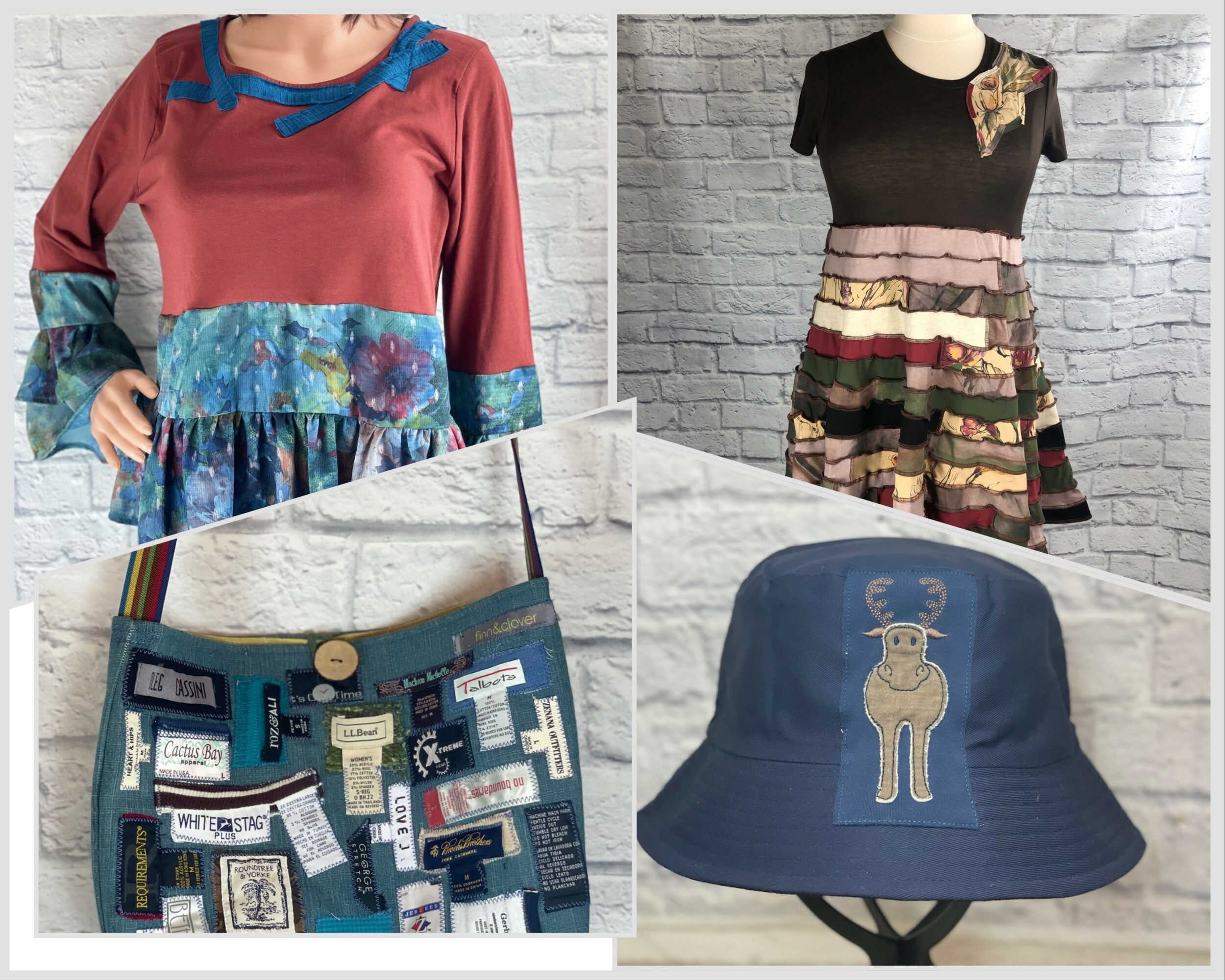 Collage of four fashion items: a red and blue dress, a black and multicolored dress, a blue bucket hat with a bear, and a patterned fabric with labels.