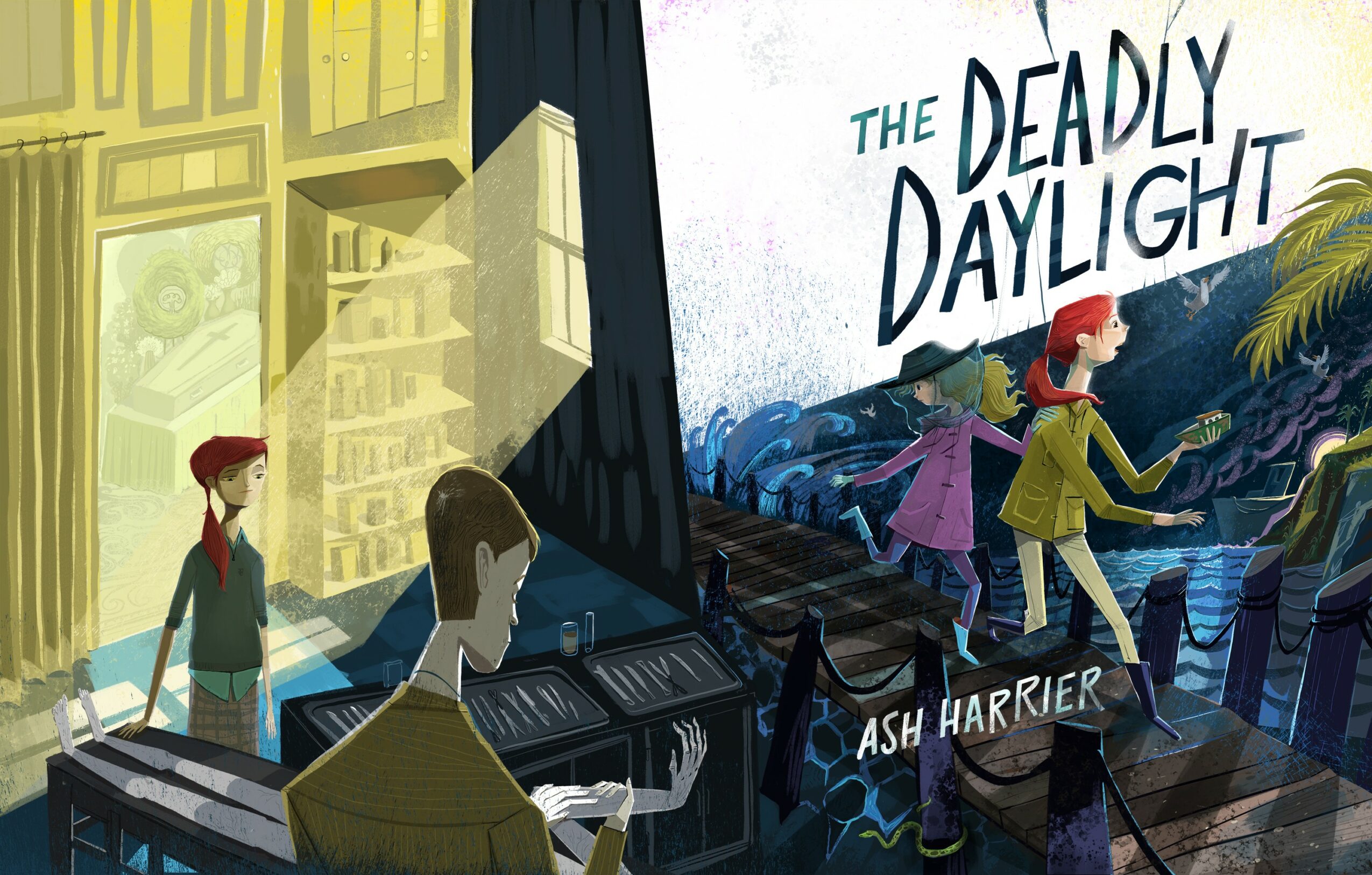 People walk past a book cover titled 'The Deadly Daylight' with a person playing piano nearby.