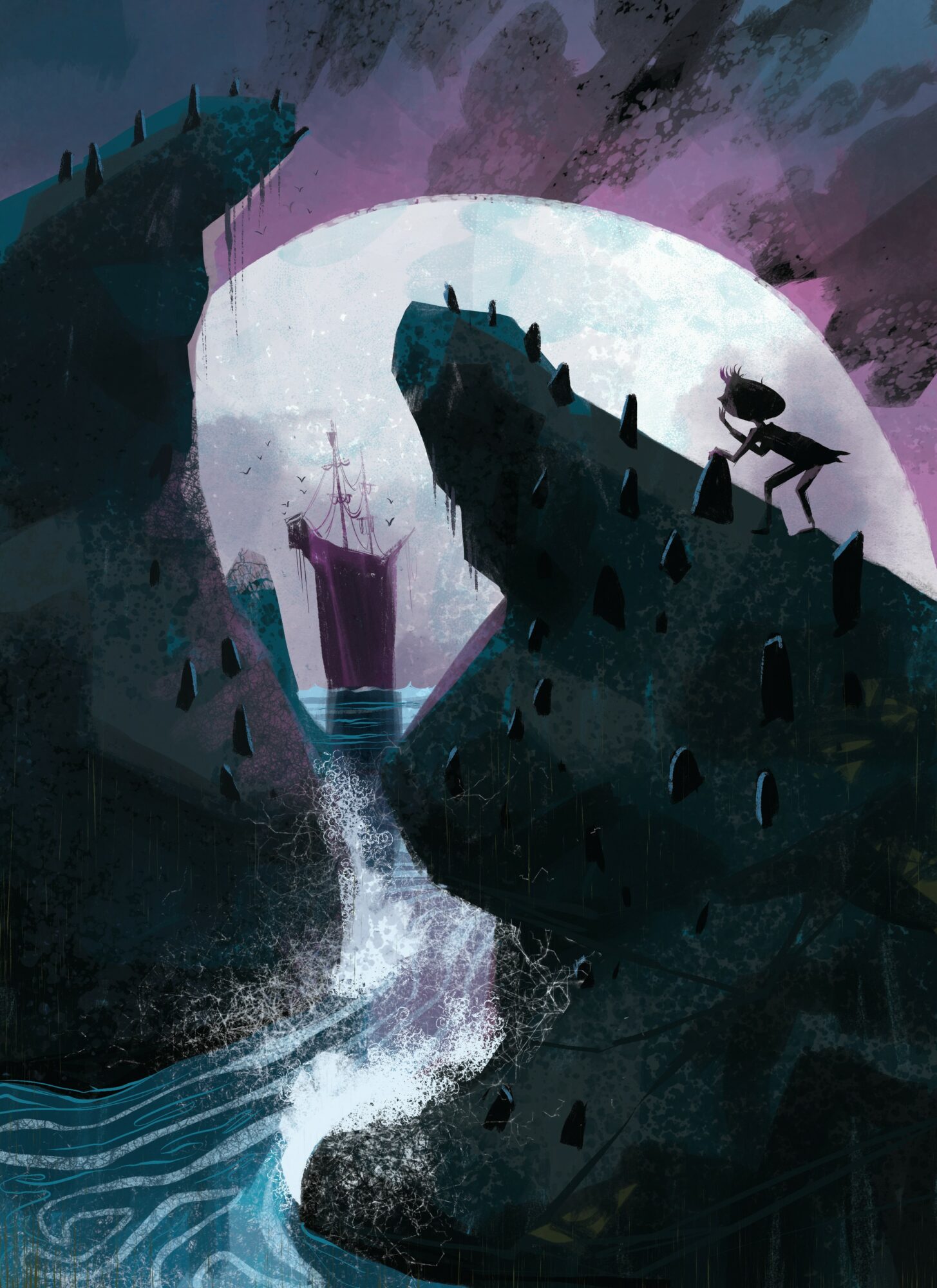 A dark, rocky landscape with a large full moon, a waterfall, and a figure holding a sword on a cliff edge.
