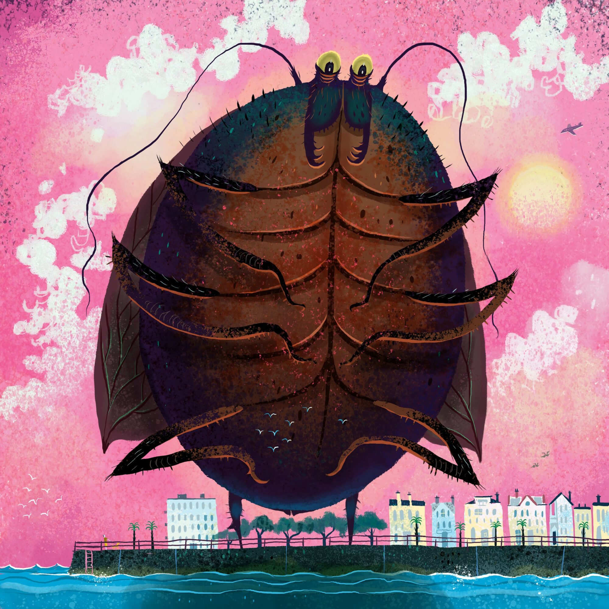 Large insect with wings and antennae flying over a cityscape with pink sky and clouds.