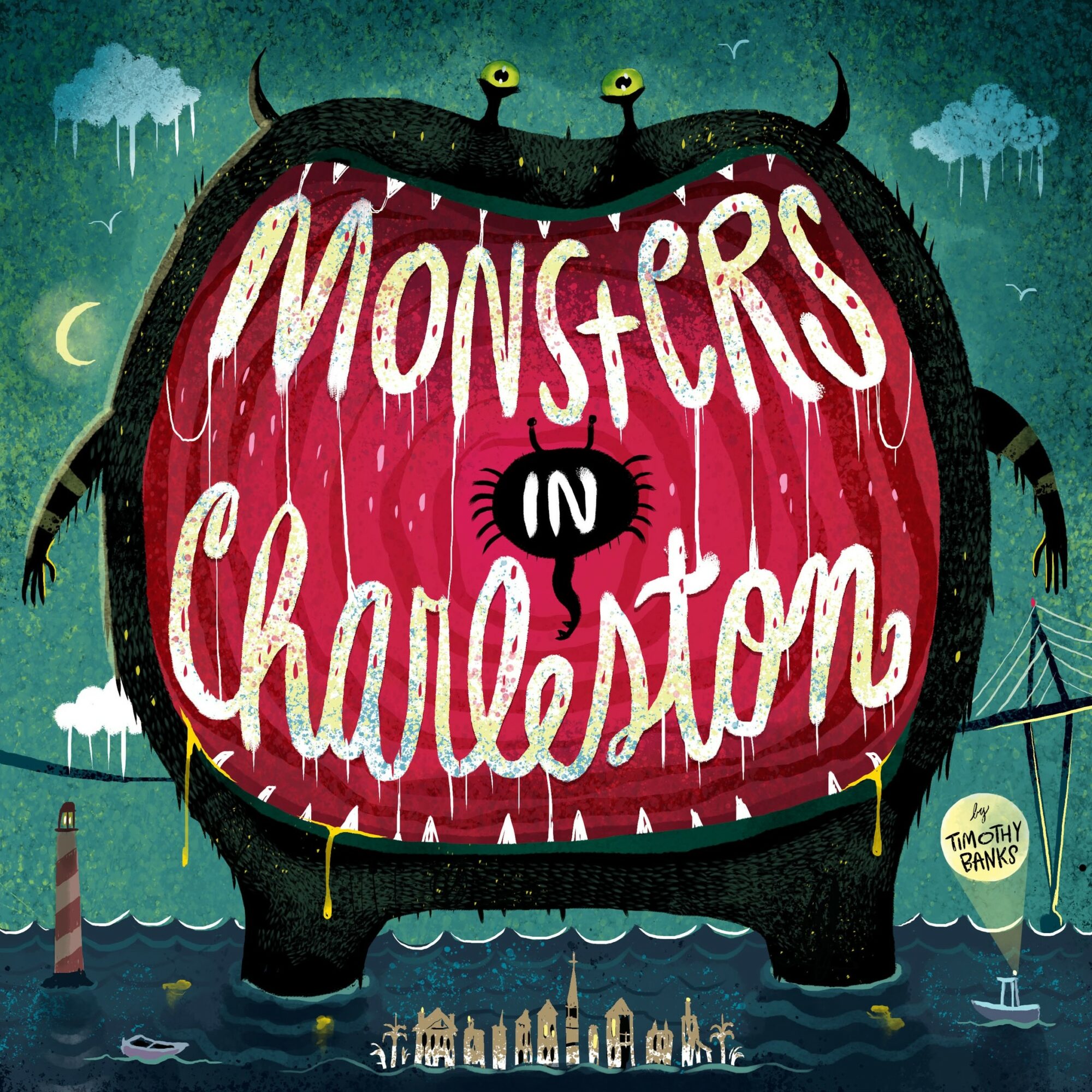 A large black monster with yellow eyes and a wide open mouth, displaying the title 'Monsters in Charleston' inside.