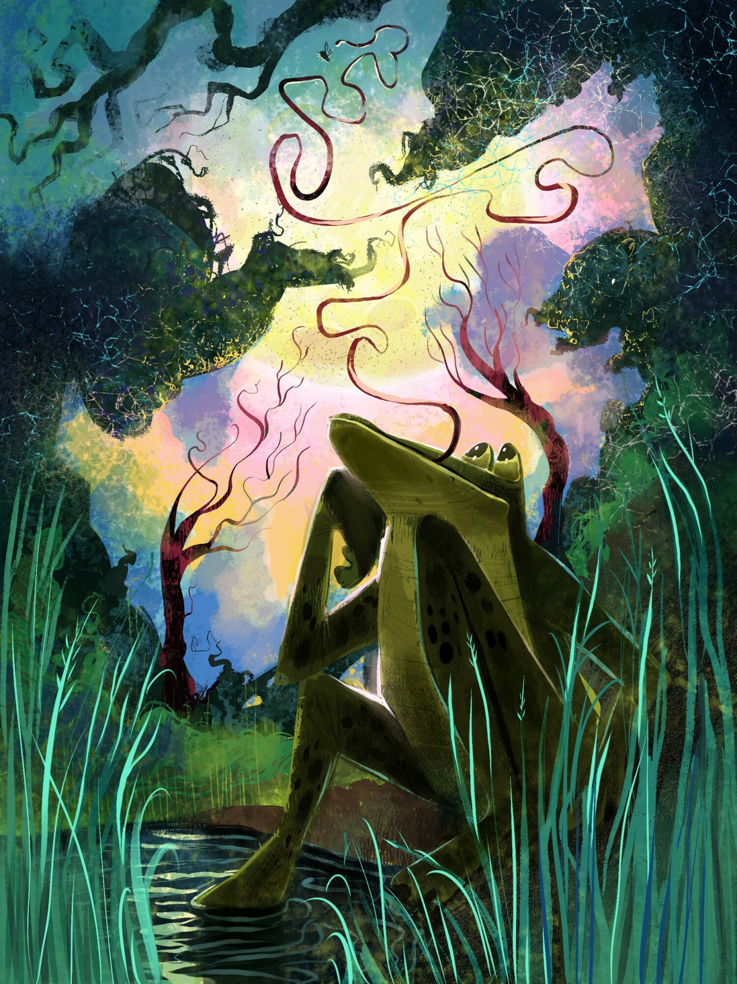 A frog sitting on a log in a lush, colorful forest with swirling sky and tall grass around a pond.
