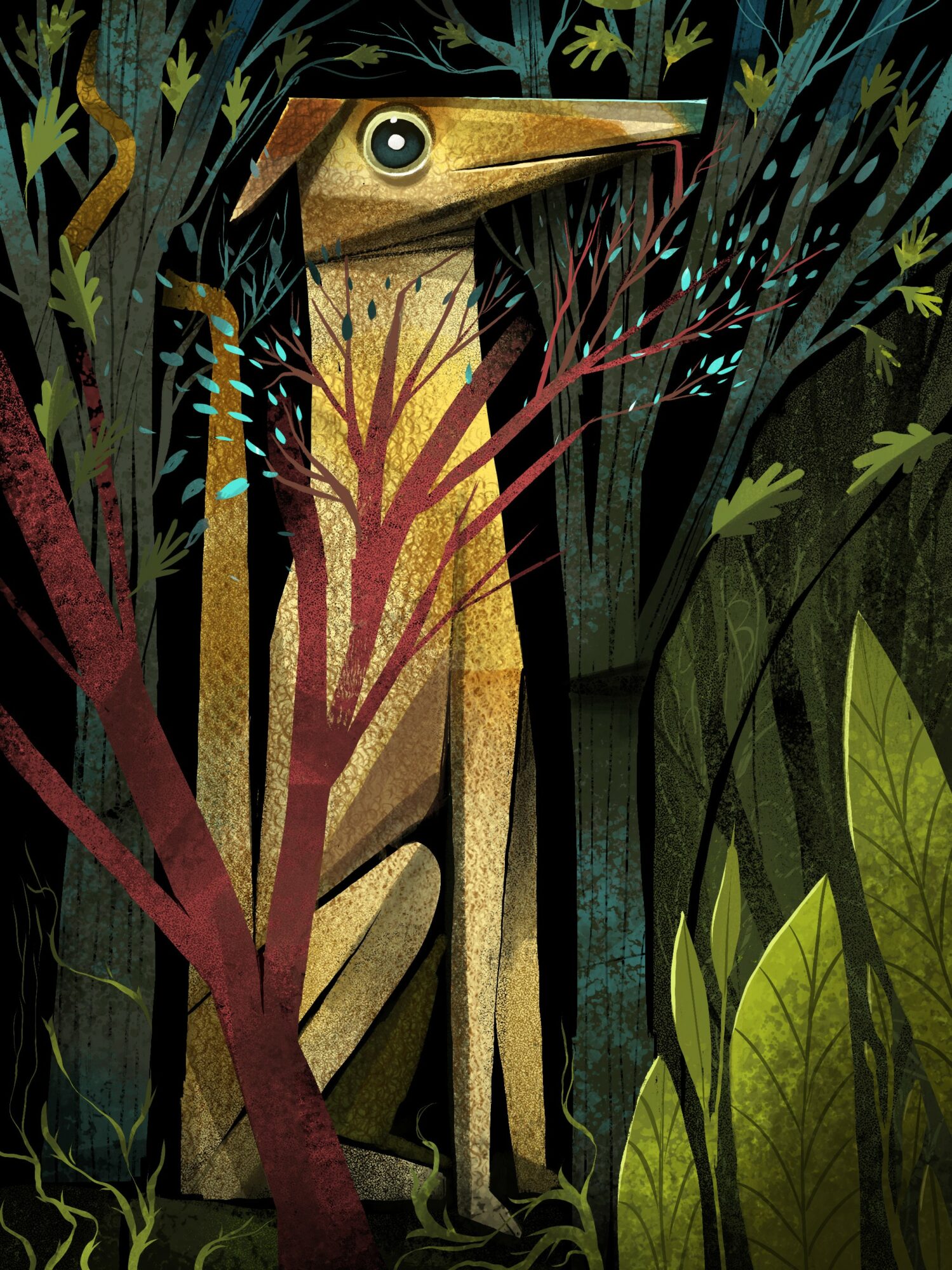 Stylized animal with a long snout and large eye standing among tall plants and trees in a forest scene.