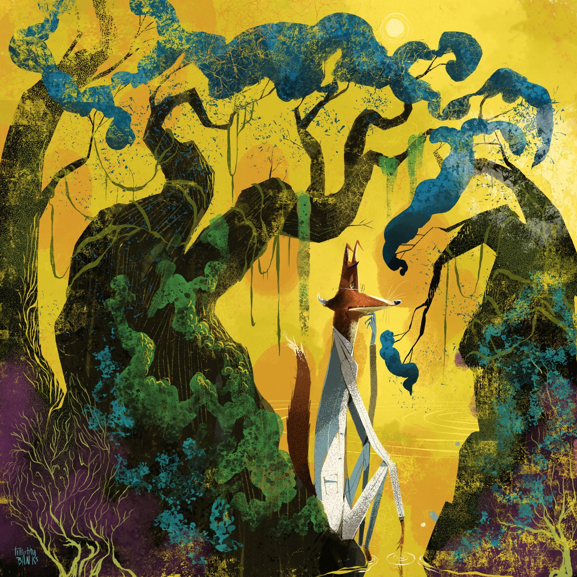 Silhouettes of trees with hanging branches surround a person in a hat, set against a yellow background.