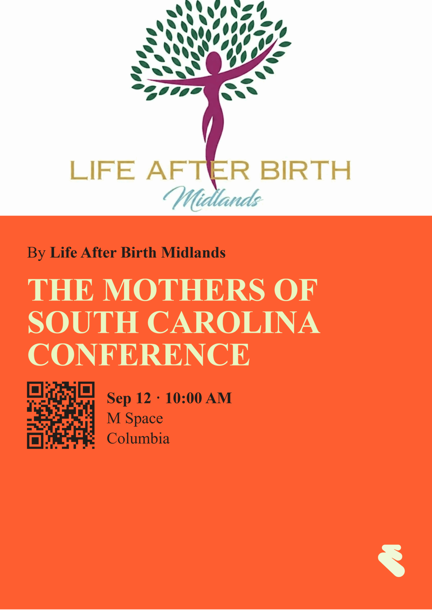 Event ticket for South Carolina conference, includes date, time, location, QR code, and a logo with a stylized figure and tree.