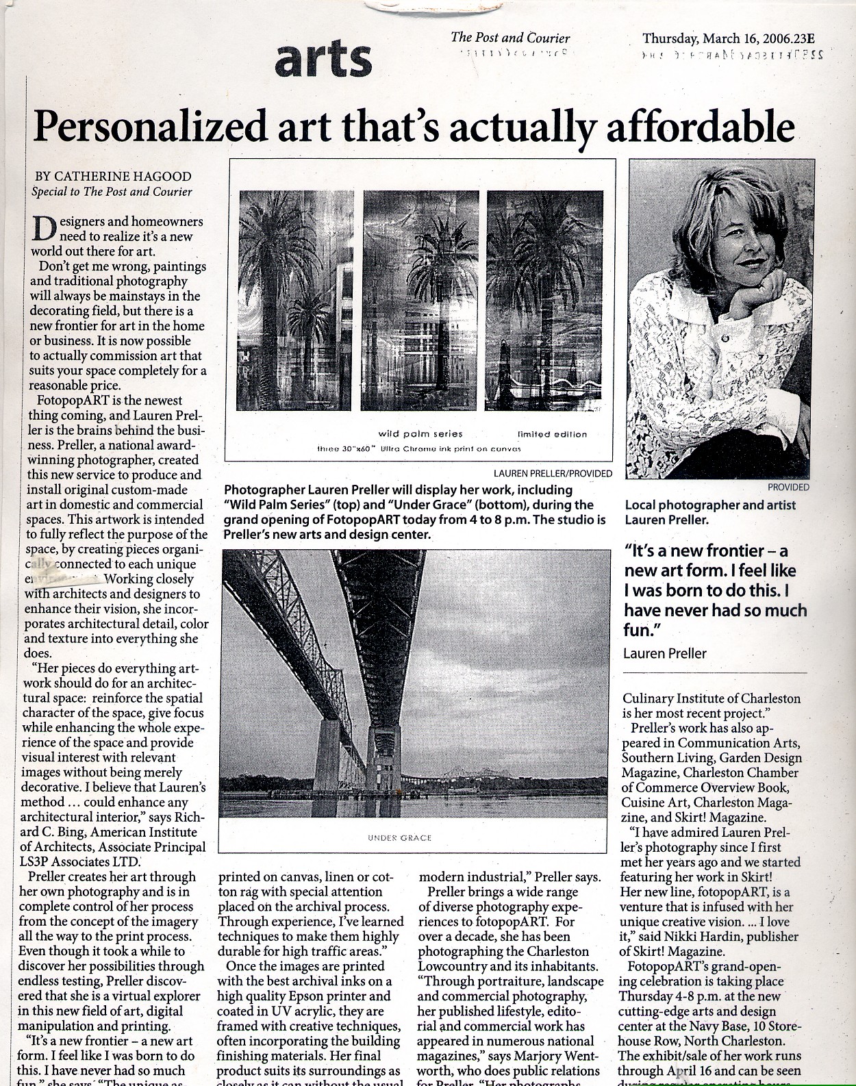 Newspaper article with a photo of a woman and a smaller photo of a girl, headline about affordable personalized art, and text.
