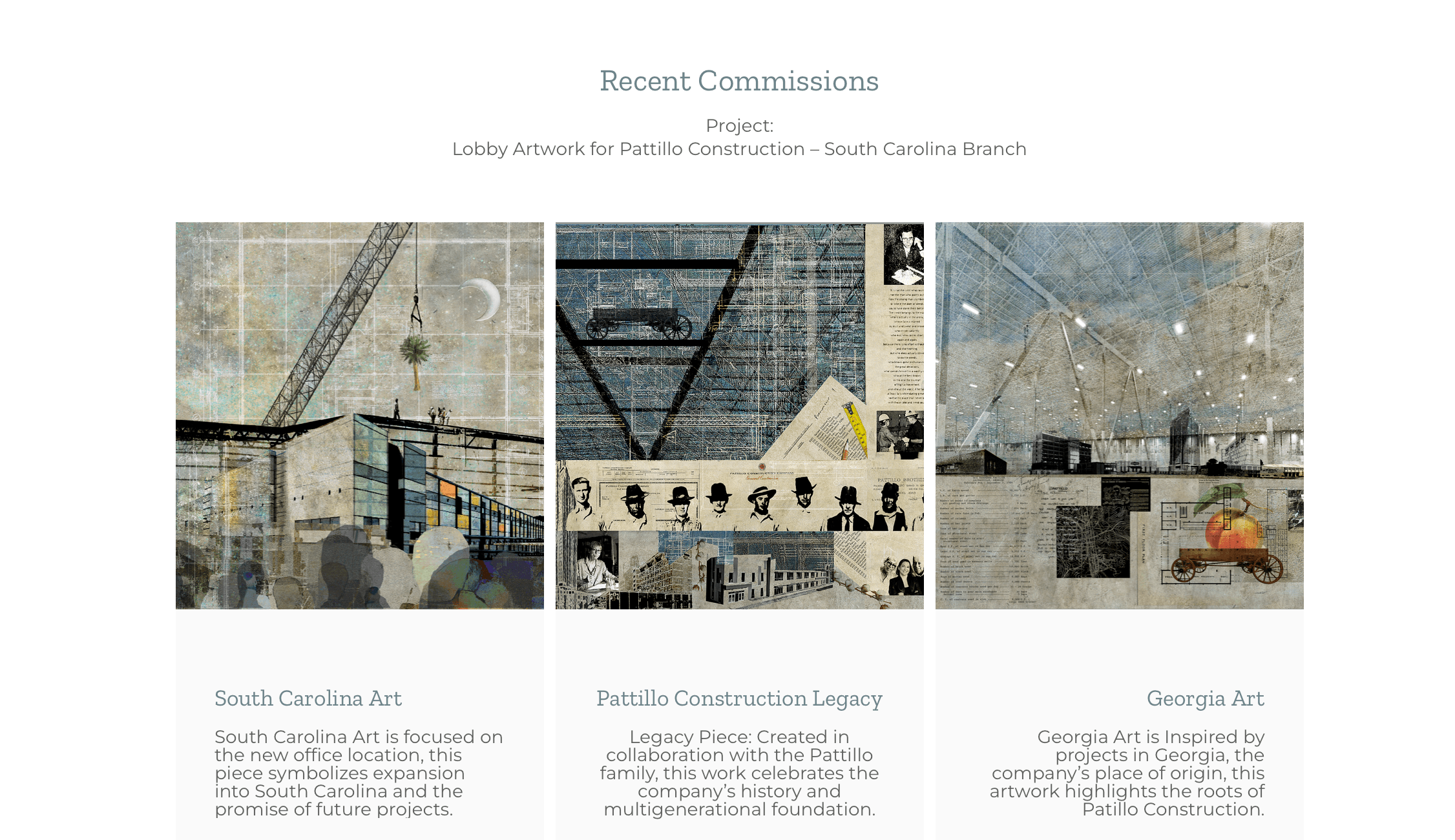 Three images of construction and art projects, with text labels for South Carolina Art, Pastillo Construction Legacy, and Georgia Art.