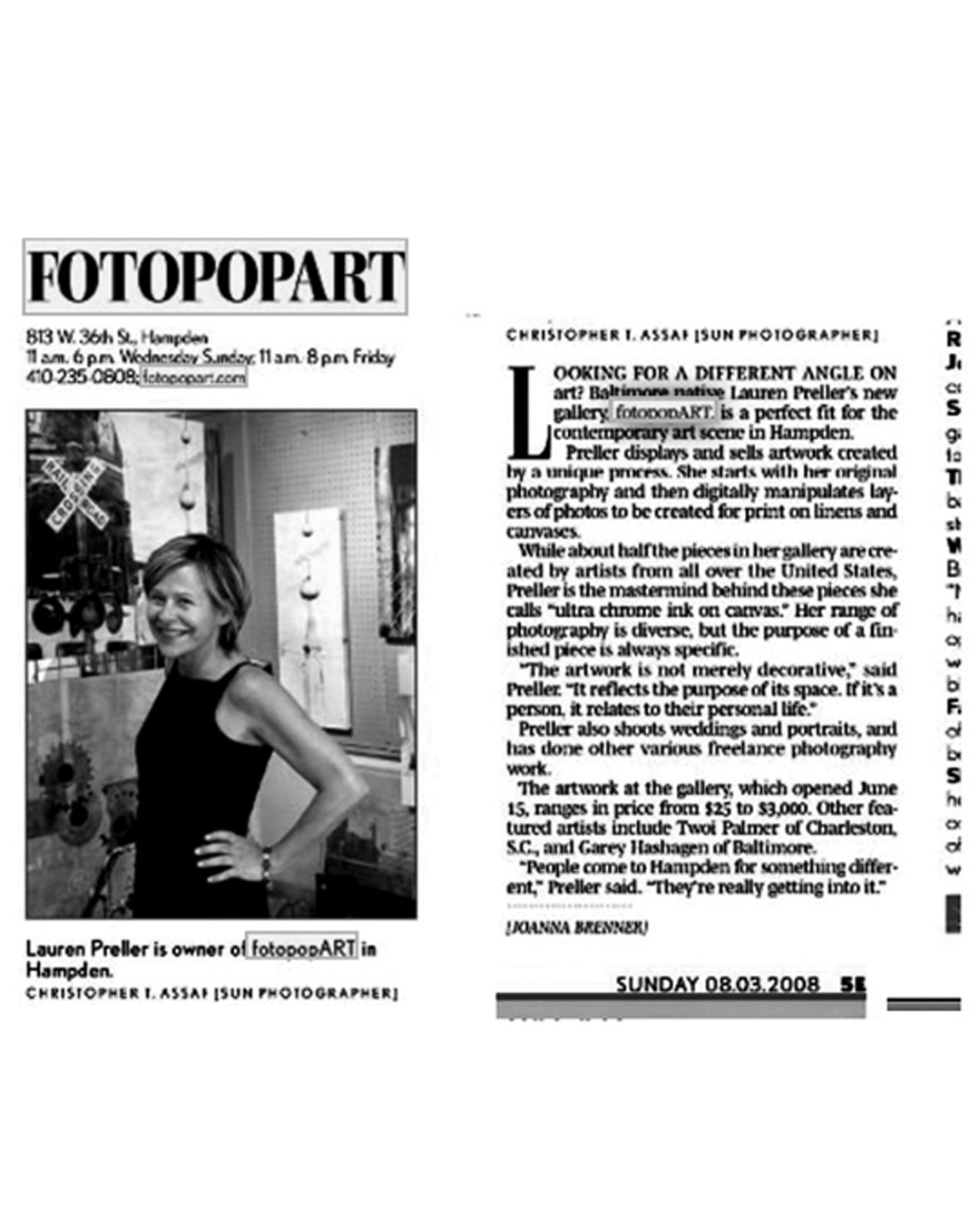Black and white photo of a smiling woman with short hair, holding a camera, in a magazine article layout.