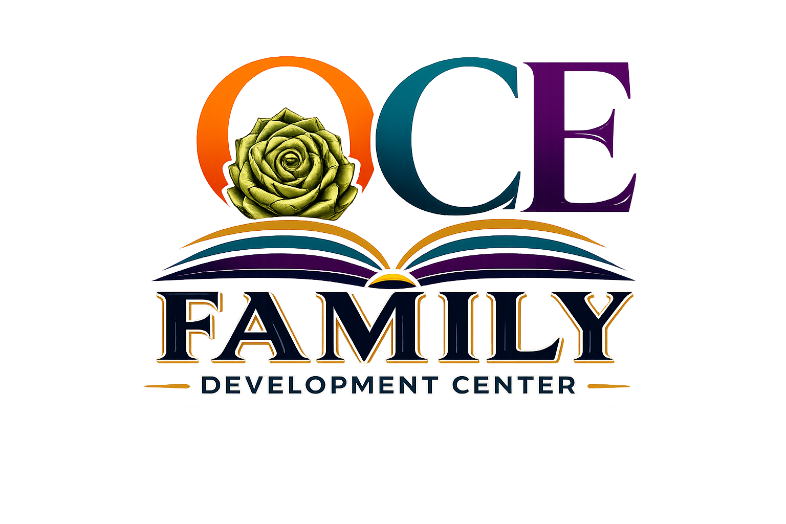 Logo with colorful letters, a yellow-green flower, and open books, reading 'OCE Family Development Center'.