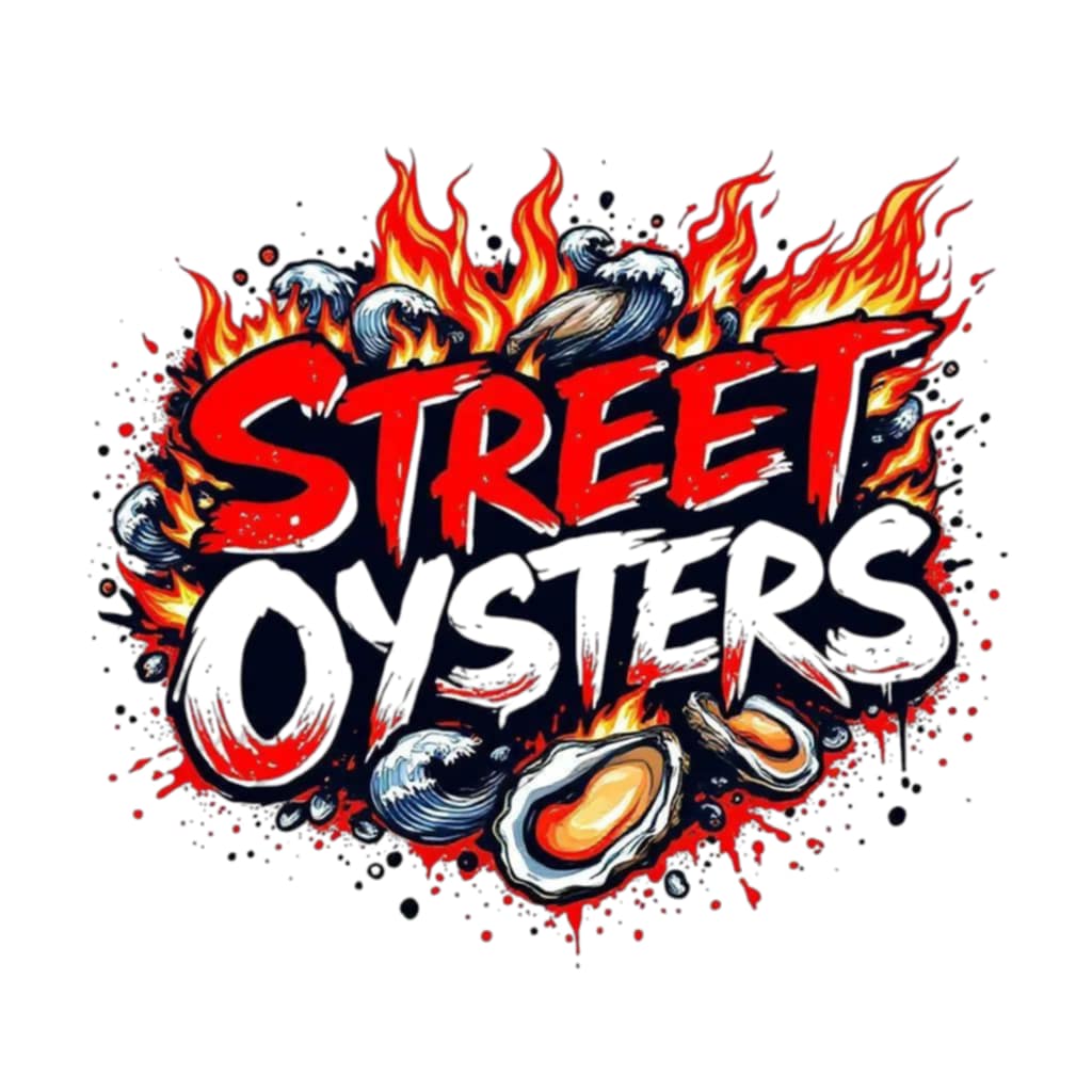 Text reads 'Street Oysters' with flames and oyster illustrations around it, on a white background.
