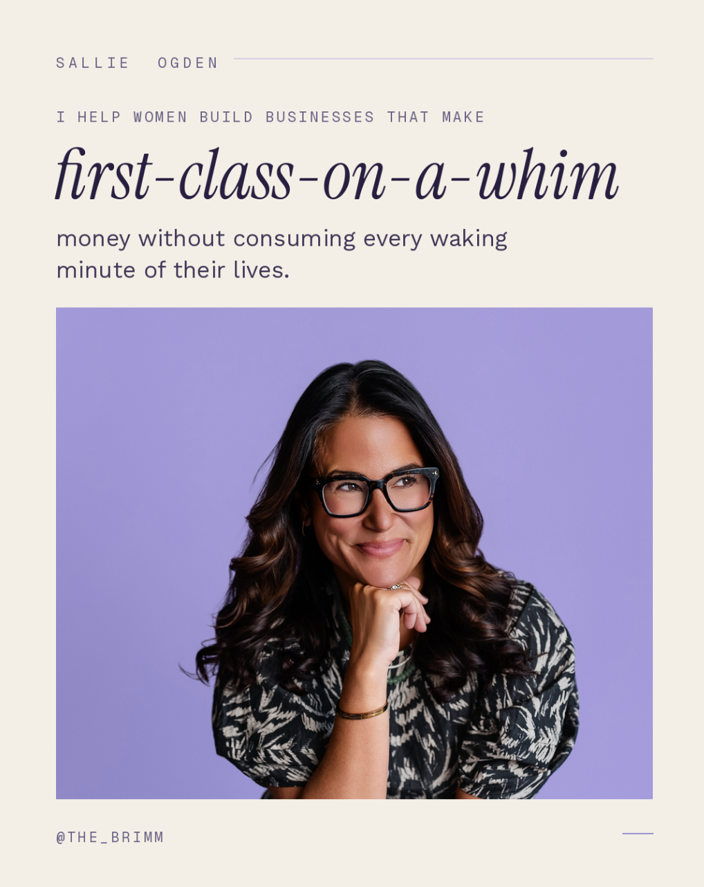 Woman with glasses and long dark hair, smiling, resting her chin on her hand, against a purple background.