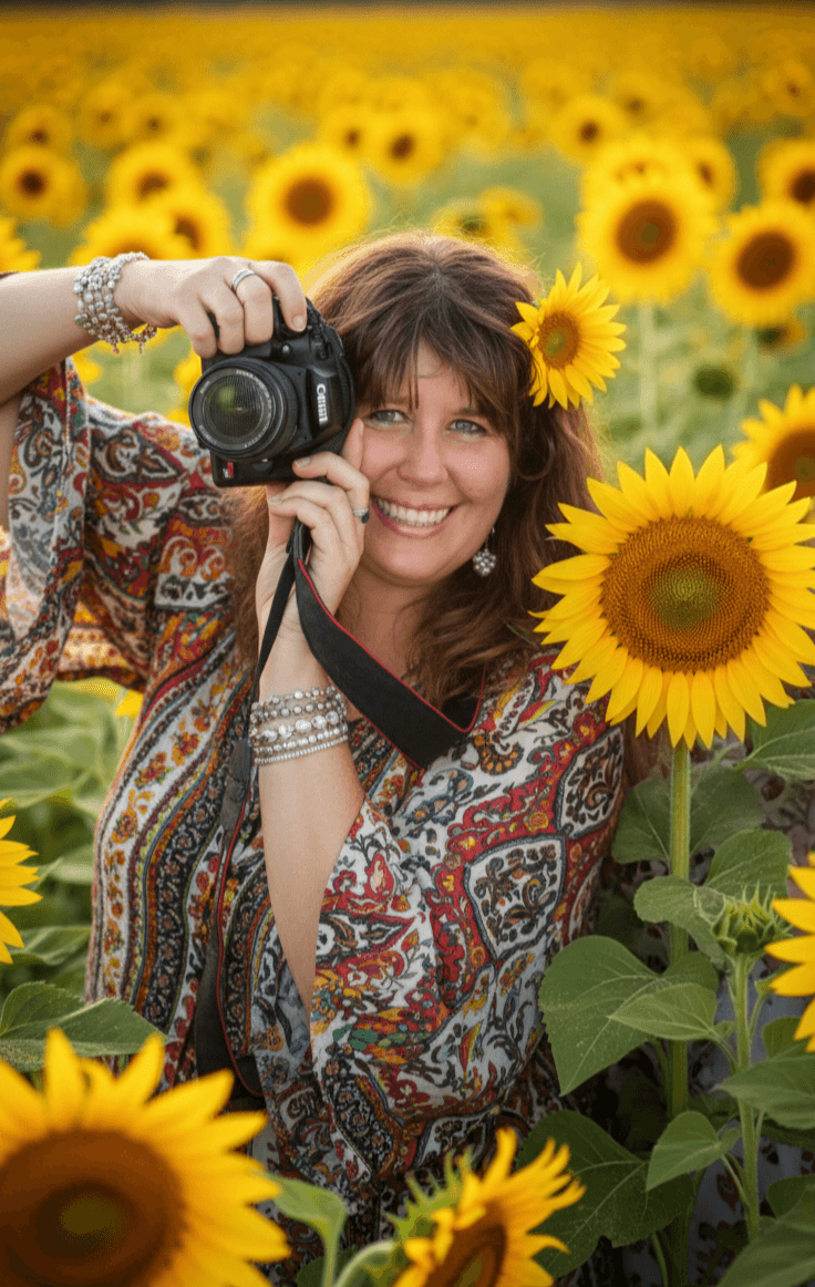 Woman smiling in sunflower field holding a camera, surrounded by tall sunflowers, wearing a patterned blouse and jewelry.