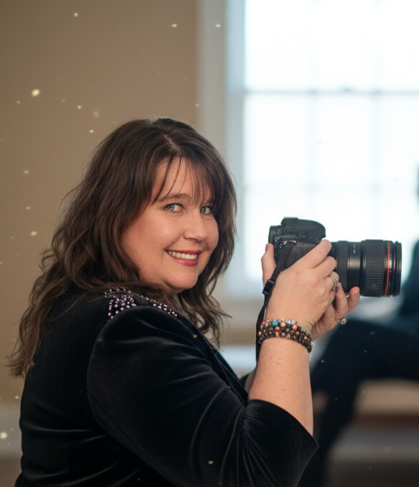Young woman with wavy brown hair smiling while holding a camera indoors near a window.