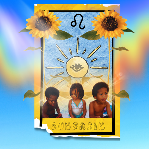 Three children sit in front of a colorful background with sunflowers, a sun symbol, and zodiac sign Leo, with the word 'SUMOAZIM' at the bottom.