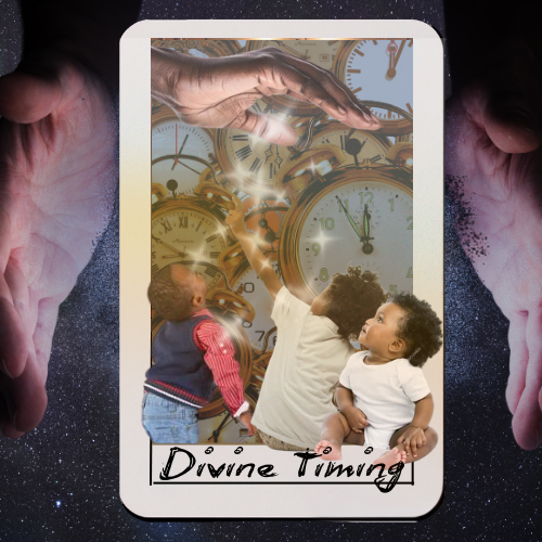 Three children look at a tablet displaying clocks and a hand reaching for them, with the caption 'Divine Timing'.