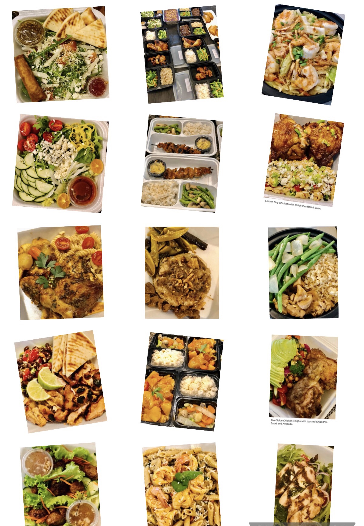 Assorted dishes including sushi, salads, fried foods, and desserts arranged in a grid pattern.