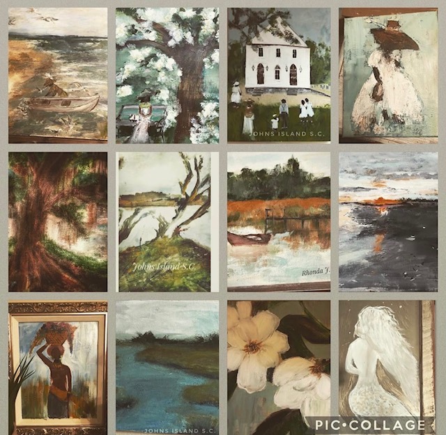 Collection of twelve paintings featuring landscapes, buildings, and figures, with various natural and architectural scenes.