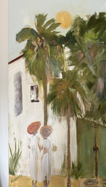 Two children in white dresses and hats stand near palm trees and a white building with a green door, sun overhead.